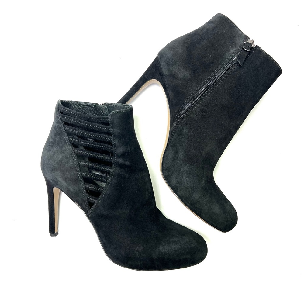 Via Spiga Suede Stiletto Heel Ankle Booties Cutout Side Detail Black Size 9